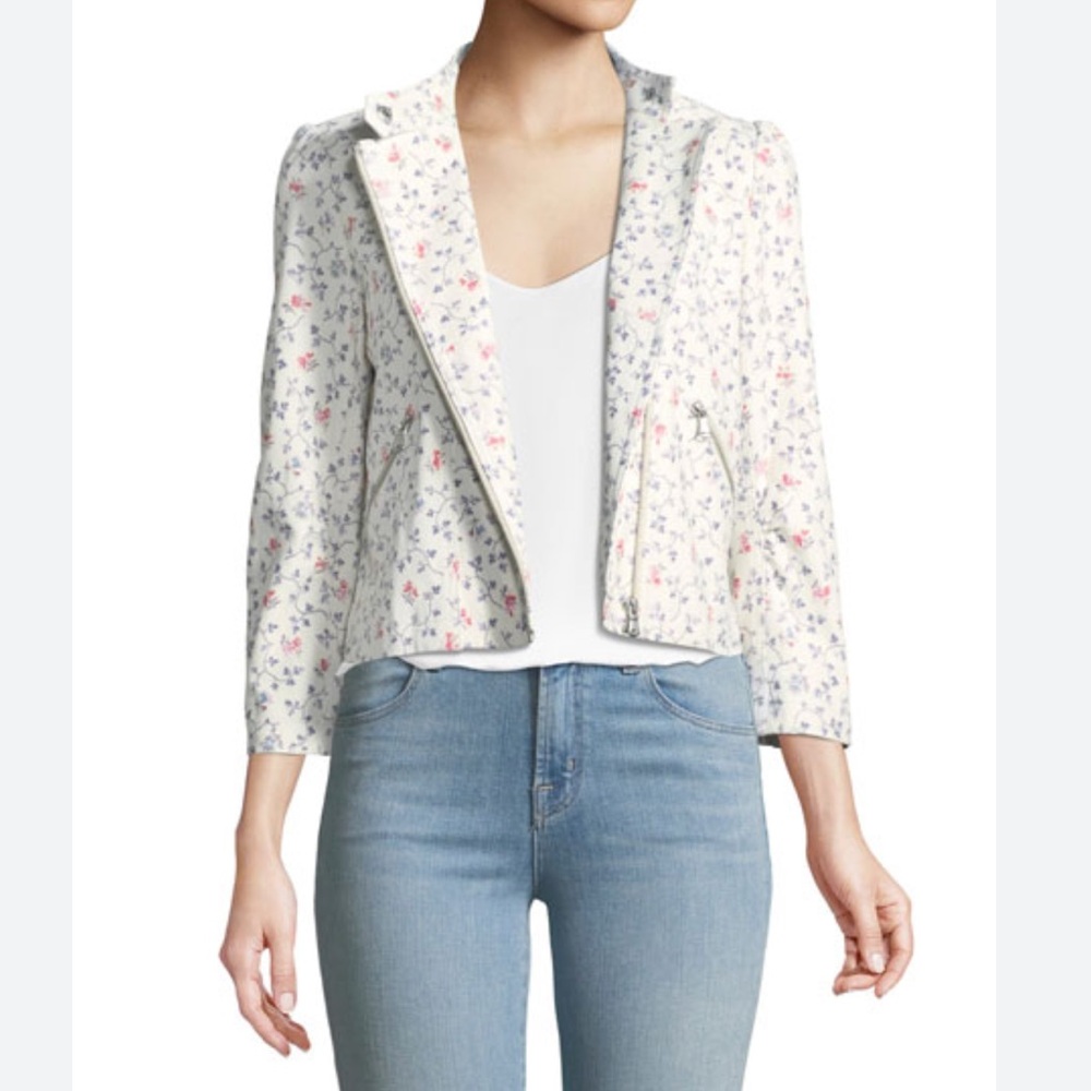 Rebecca Taylor Lamb Leather Moto Jacket Size 8 Women Vine Floral Print Full Zip